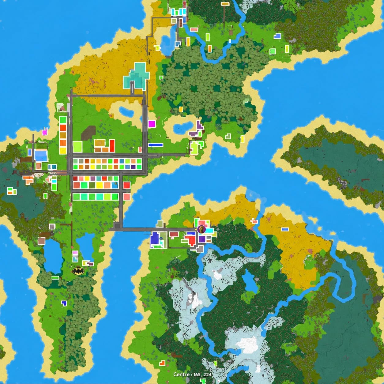 Carte complète du serveur ECO Le Vallon, avec les routes, les parcelles, les biomes et les îles
